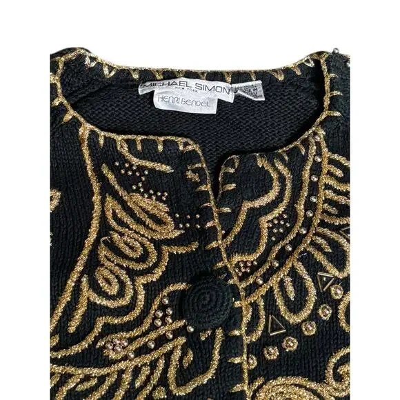 Vintage 90s Michael Simon Black Gold Metallic Embroidered Cropped Knit Cardigan - Picture 9 of 12